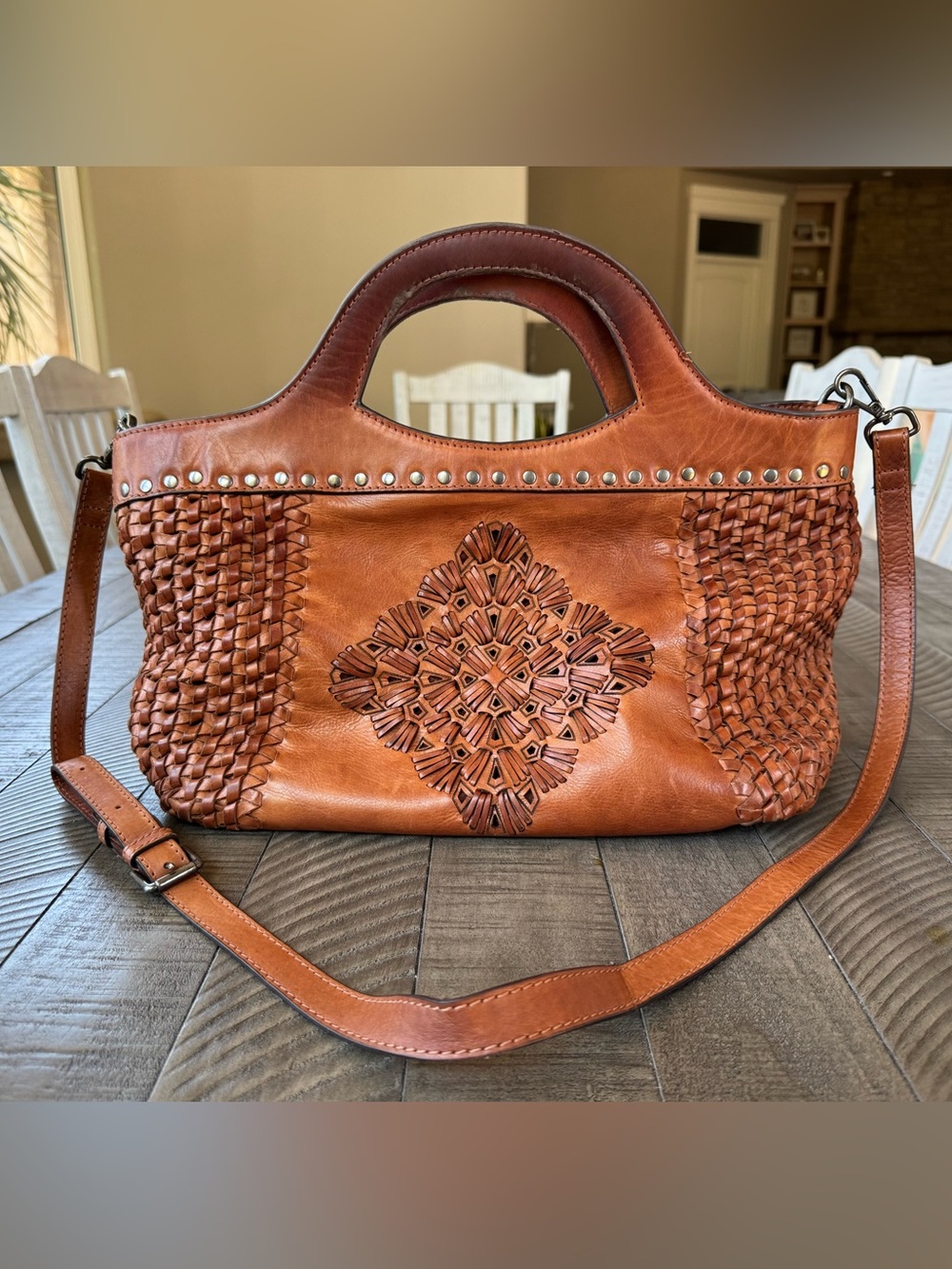 Handcrafted Brown Leather Woven Boho Mandala Shoulder Bag - Handbag - Purse - Picture 2 of 13